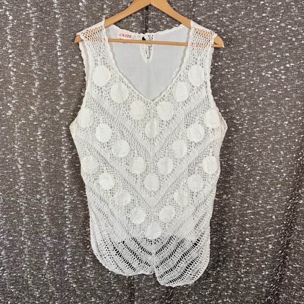 Vintage J.M. Pink White Crochet Tank Top Boho Cottagecore Women's 1X